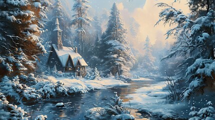 Winter landscape in a remote forest. A fabulous hut with a turret on the river bank. A picture of a winter forest
