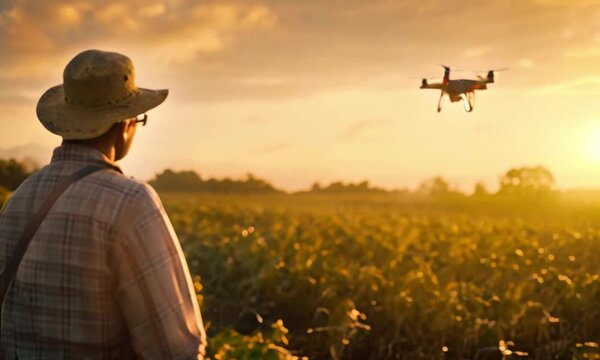 Modern farmer standing in field and controlling a drone which is flying above margin. Technologies in farming. Rear. Back view.