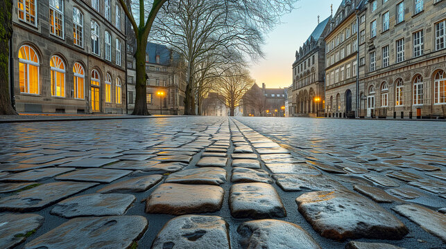 early morning view of a historic street with wet cobblestones, classic architecture, and warm glowing lights from the windows at dawn