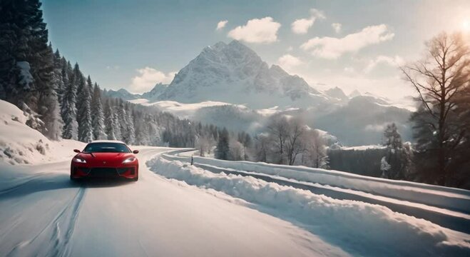 Red sports car driving on snow covered road in front of beautiful mountains.
