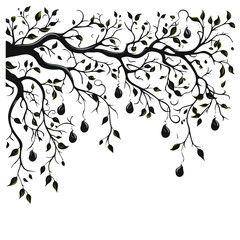 tree, nature, vector, illustration, silhouette, branch, leaf, design, plant, floral, black, flower, art, drawing, decoration, pattern, spring, bird, element, season, frame, forest, leaves, old, trunk,