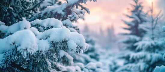 Snow-covered fir branches in front of a wintry landscape. High quality photo for wallpaper, travel blog, or article. - obrazy, fototapety, plakaty