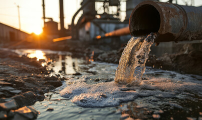 Rusty pipe discharging wastewater into a stream at sunset. - obrazy, fototapety, plakaty