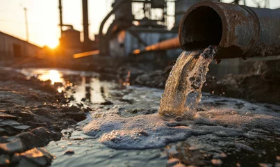Foto op Plexiglas Rusty pipe discharging wastewater into a stream at sunset. © Jan