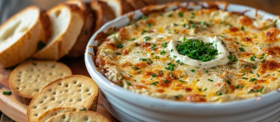 Artichoke dip with assorted breads and crackers for dipping, in a close-up view.
