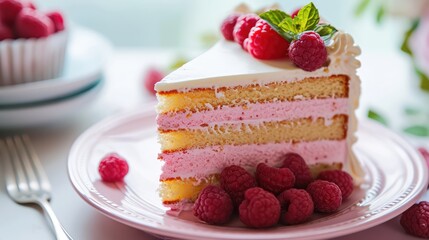 Sweet cake background with a topping of strawberries, raspberries, and cream, highlighting the delicious cake decoration against a delightful backdrop