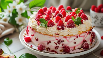 Obraz na płótnie Canvas Sweet and delightful cake background with a decadent topping of strawberries, raspberries, and cream, showcasing the delicious cake decoration against a tempting backdrop. 