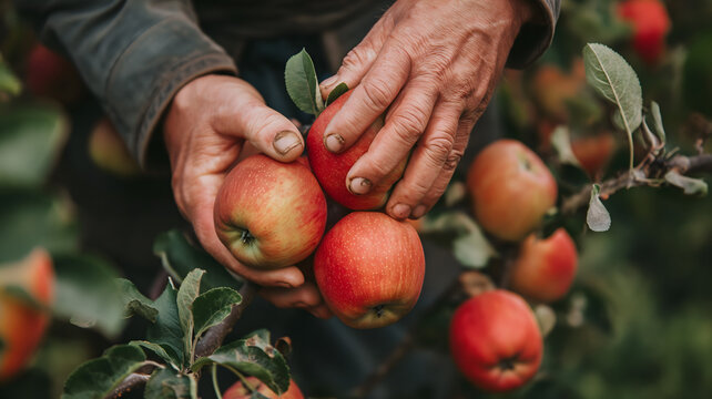 Imagen del detalle de las manos de un agricultor recolectando manzanas rojas