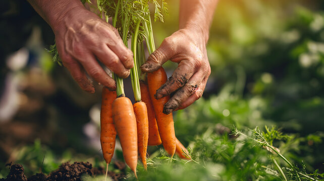 Imagen del detalle de las manos de un agricultor recolectando zanahorias