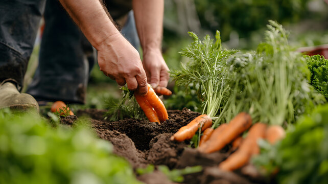 Imagen del detalle de las manos de un agricultor recolectando zanahorias