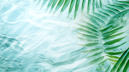 Fototapeta na wymiar Swimming Pool with Clear Water and Palm Leaves. Tropical Paradise. Spa Salon Concept. 