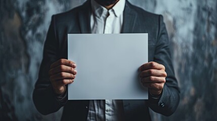 Businessman holding a blank paper sheet in front of his face