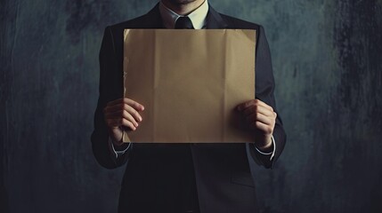 Businessman holding a blank brown paper sheet in front of his face