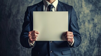 Businessman holding a blank sheet of paper in front of his face