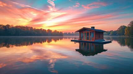 Fototapeta premium A small house floating on a lake at sunrise