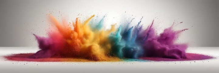 Multicolored dust powder paint explosion backdrop, abstract illustration, Hindu Holi festival of colors - obrazy, fototapety, plakaty