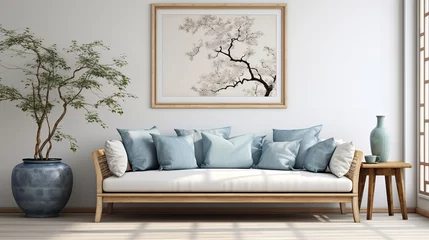 Fotobehang Boho Using a photo frame, sofa, rattan furniture, and wallpaper, this rustic minimalist living room design, Generative AI.