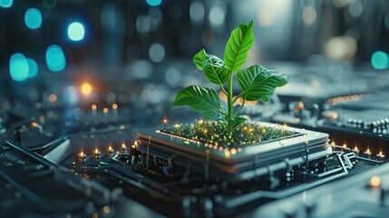 Green information technology. Environmentally Sustainable IT. Copy space. Green plant growing on laptop computer keyboard with green background. AI generated illustration - obrazy, fototapety, plakaty