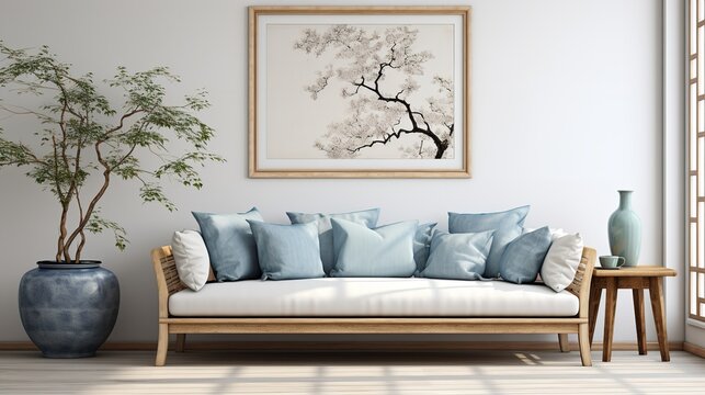 Using a photo frame, sofa, rattan furniture, and wallpaper, this rustic minimalist living room design, Generative AI.