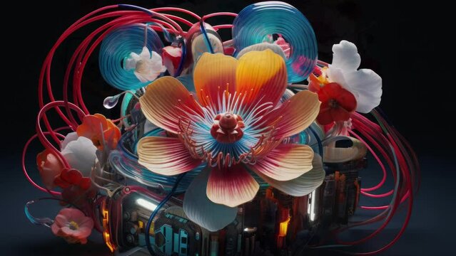 strange and alien flowers with wires and cables coming out 