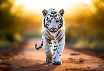 Close up of a majestic White tiger (Panthera tigris). beautiful realistic portrait of a white tiger in Wildlife scene. Generative ai - obrazy, fototapety, plakaty