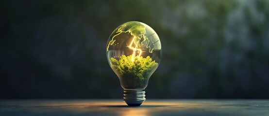 Light bulb with green world map on natural backgound represents renewable energy.Green energy,energy saving concept. AI generated illustration
