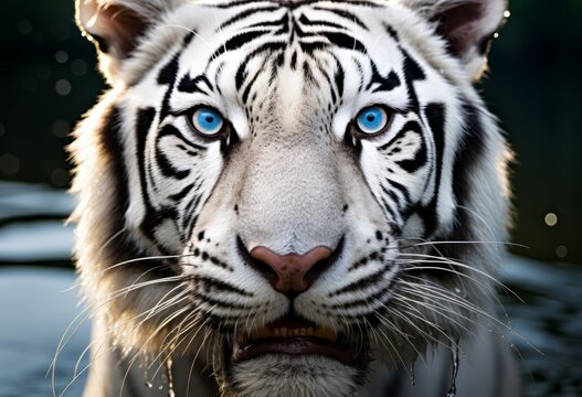Close up of a majestic White tiger (Panthera tigris). beautiful realistic portrait of a white tiger in Wildlife scene. Generative ai