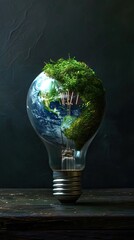 Light bulb with green world map on natural backgound represents renewable energy.Green energy,energy saving concept. AI generated illustration - obrazy, fototapety, plakaty