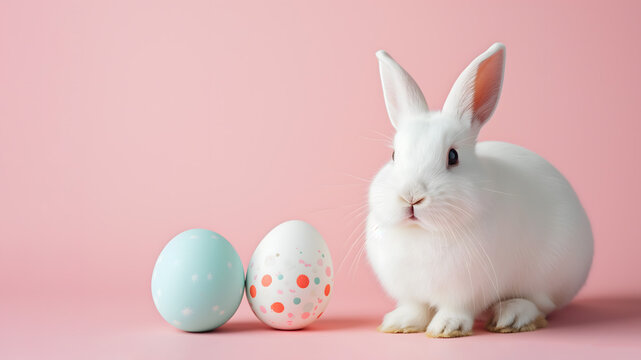 Des oeufs et un lapin de p&acirc;ques sur fond rose