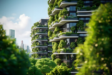 Sustainable green building in modern city. Green architecture. Eco-friendly building. Sustainable building with vertical garden reduce CO2. Futuristic building. Net zero emissions. - obrazy, fototapety, plakaty