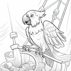 coloring pages - parrot on a pirate ship, cartoon style