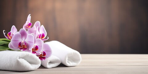 Orchid flowers on table with copy space, along with a towel.