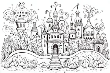 Rolgordijnen A hand-drawn fantasy landscape with quaint castles and swirling vegetation. © Лариса Люндовская