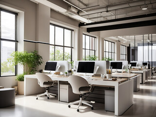 Daytime office space with a row of working office tables and workstation unit modern interior office design..