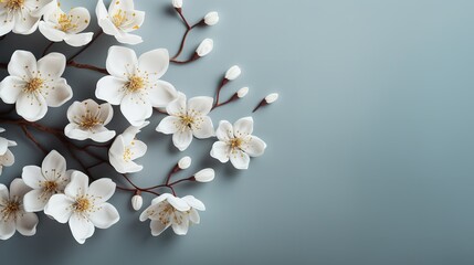White blossoms with copy space against a dark grey backdrop, Generative AI.