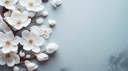 Fototapeta na wymiar White blossoms with copy space against a grey backdrop, Generative AI.