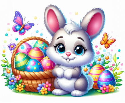 Cute Easter bunny with eggs illustration Cartoon design