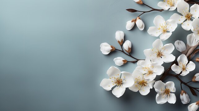 White blossoms with copy space against a dark grey backdrop, Generative AI.