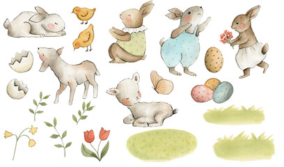 Spring animals easter watercolor set, nursery art 