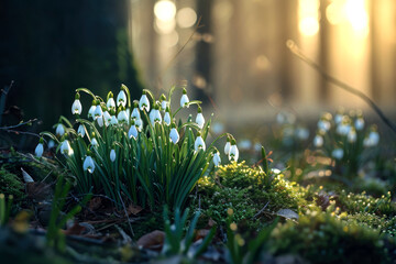 beautiful blooming snowdrop flowers growing in the forest