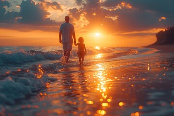 silhouette of a father holding a hand with his little son walking along the seashore and going into the distance against the backdrop of a sunset in golden tones.concept of a father's day