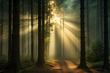 image of sunlight at dusk entering through the trees of a dark forest - obrazy, fototapety, plakaty