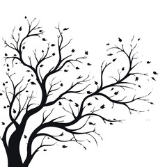 tree, nature, vector, illustration, silhouette, branch, leaf, design, plant, floral, black, flower, art, drawing, decoration, pattern, spring, bird, element, season, frame, forest, leaves, old, trunk,