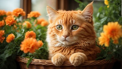 Orange cat in the basket, closeup view. Domestic kitten with green eyes face portrait