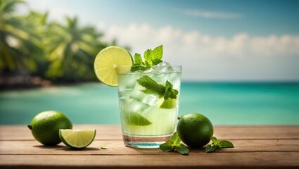 Mojito cocktail on the beach.  Alcohol cold drink on brown wooden table top in front, blurred paradise tropical beach 