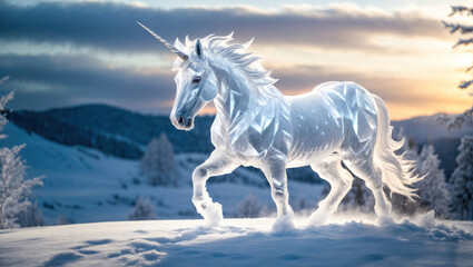 Obraz na płótnie Canvas Ice unicorn gallop in winter mountains landscape