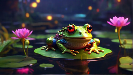 A frog sits on a leaf with a flowers in the background