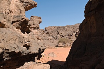 Bouhadian rock formations in Tadrart Rouge, Tassili N'Ajjer National Park. Sahara, Algeria, Africa.