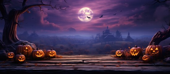 Halloween Old Wooden Plank Table, With Orange Pumpkins in Purple Moonlight Landscape