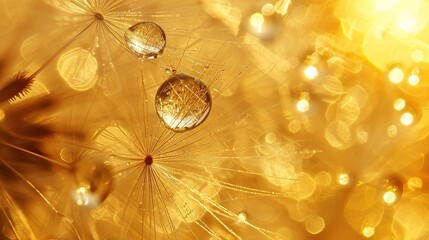 Water drops on a dandelion seed macro in nature in yellow and gold tones.Macro dandelion with dew drops.background